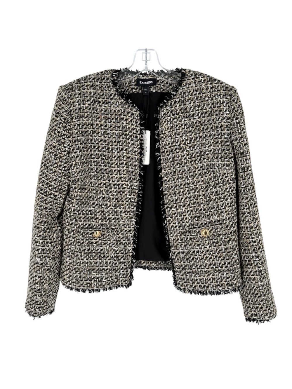 Express Boucle Tweed Blazer Womens Size Medium Black Ivory Gold Fringe Jacket